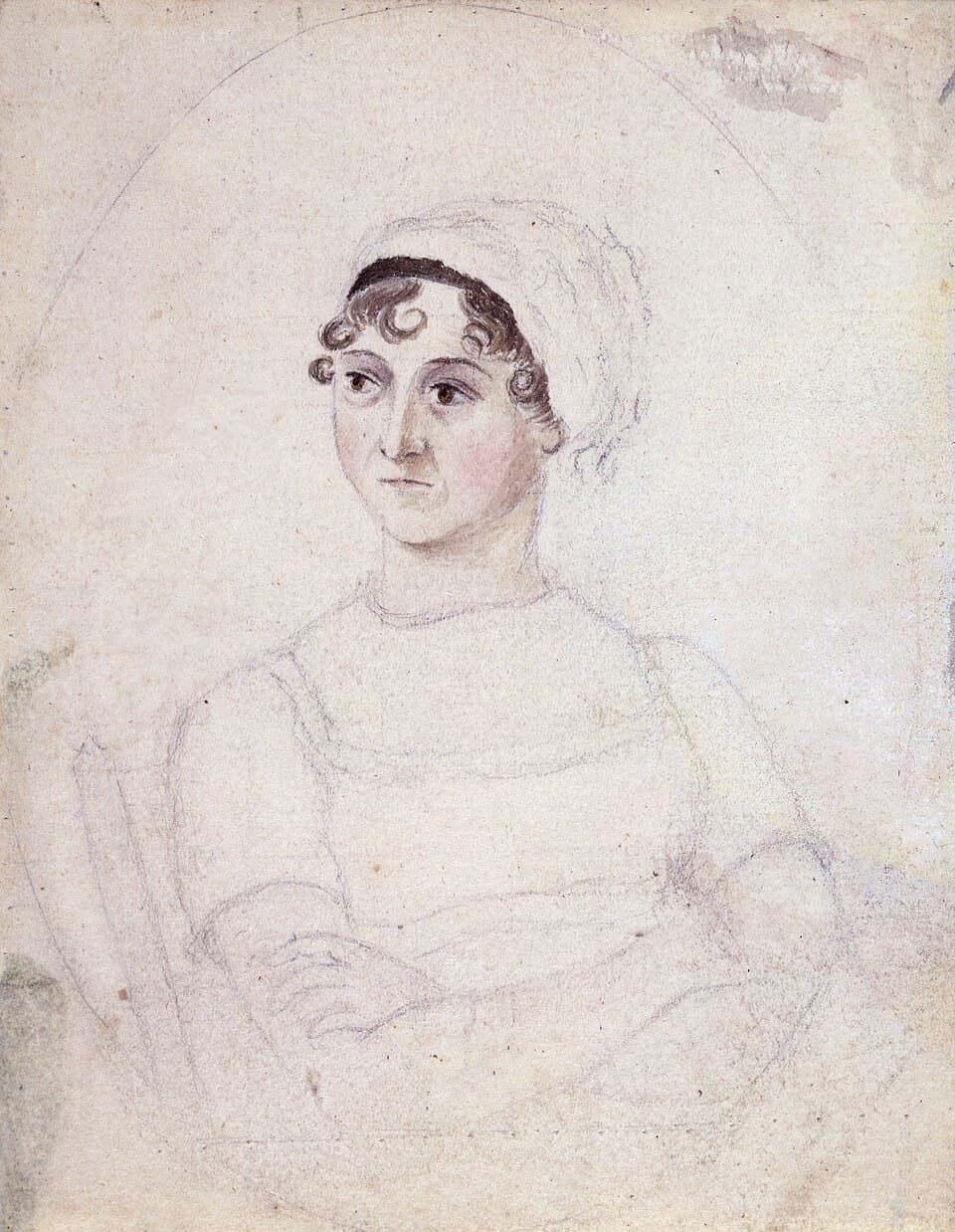 Cassandra Austen’s drawing of Jane Austen seated with folded arms and wearing a cap.