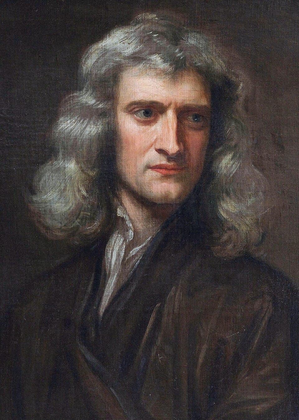Portrait of Isaac Newton with shoulder-length hair, wearing a dark robe.
