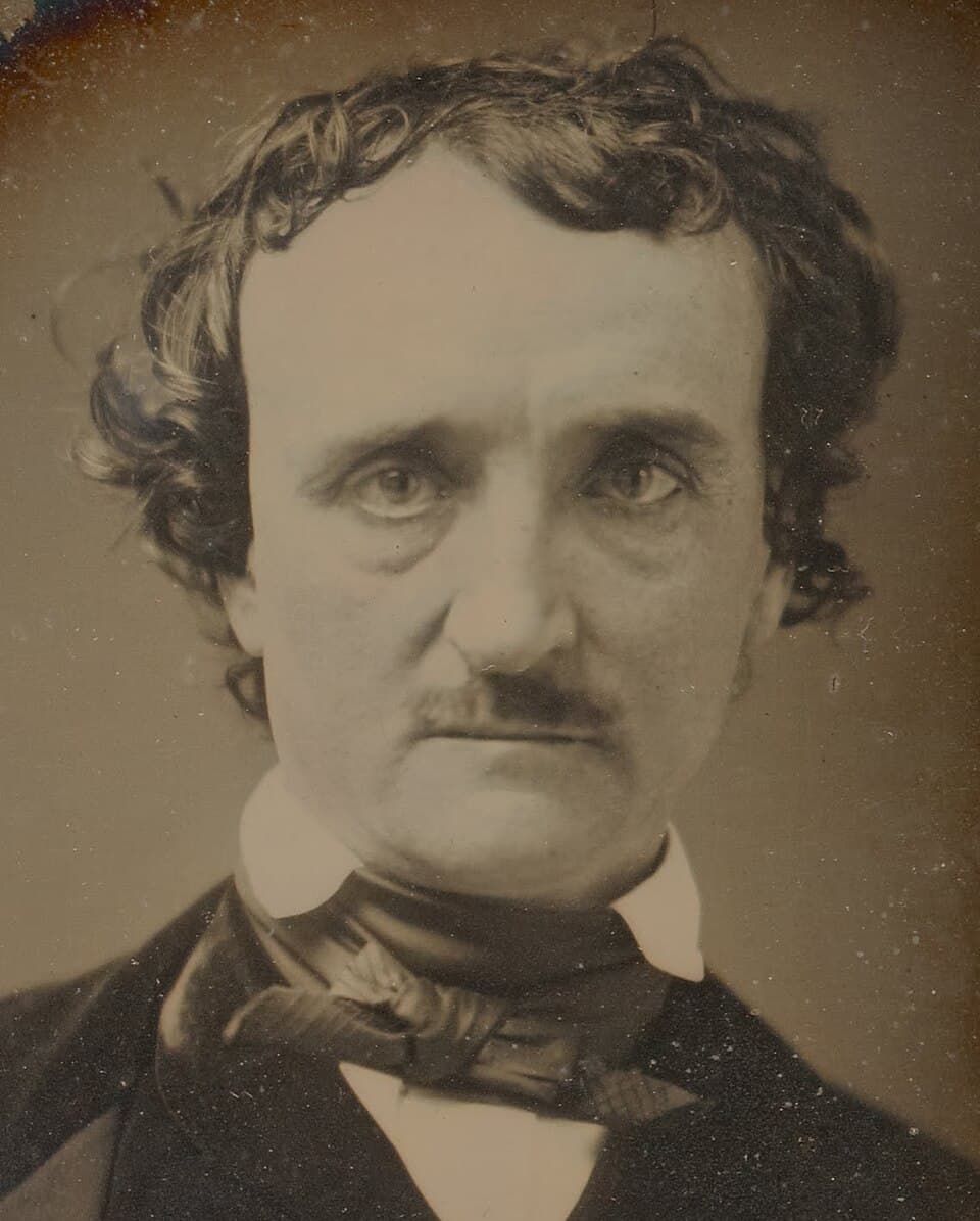 Daguerreotype portrait of Edgar Allan Poe in a dark coat and waistcoat.