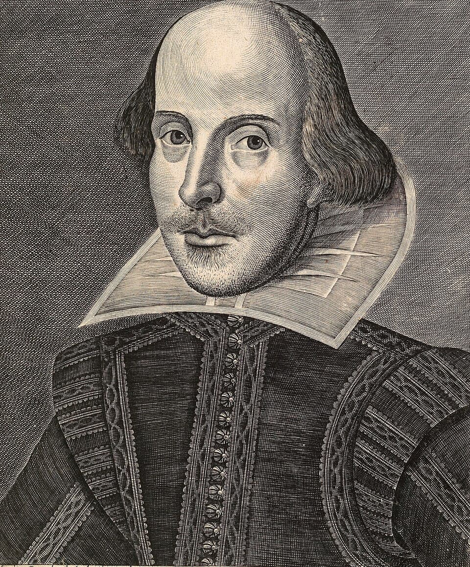 Engraved portrait of William Shakespeare, with a broad collar and receding hair.